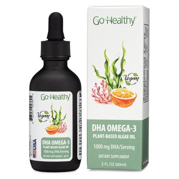 Go Healthy DHA Omega 3 Drops for Kids, Toddlers, Infants & Adults - Vegan Fish Oil Alternative, Orange Flavor, 30-120 Servings