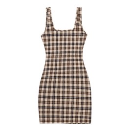 WDIRARA Women's Plaid Sleeveless Bodycon Mini Dress Square Neck Pencil Tank Dress Brown Medium