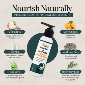 Beef tallow & Goat milk Leave-In Conditioner| Handmade hair Detangler- Anti-Frizz dreadlock moisturizer-Split End Moisturizing Hair Care for Dry, Damaged Hair Moisturizing Curl Primer (8 Fl Oz)