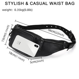 Genuine Leather Slim Waist Pack for Man & Woman, Vintage Design & 4 Zipper Pockets & Adjustable Strap, Large Capacity Fanny Pack Crossbody Belt Bag for Travel or Ride, Black, Vintage