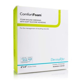 ComfortFoam Foam Wound Dressing, 6” x 6”, 10 Pack, Soft Silicone Adhesive, Highly Absorbent, Latex Free, Self-Adherent, Flexible, Cut to Fit