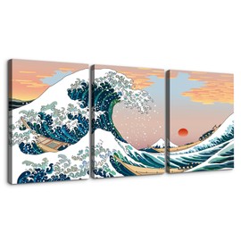 Dimpoli 3 Pieces Ukiyo-e Canvas Wall Art， Katsushika Hokusai Japanese Prints Kanagawa Big Wave Modern Canvas Print Artwork Abstract Picture Canvas Wall Art Home Office Wall Decoration
