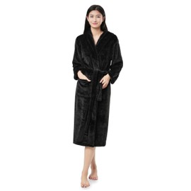 SUNNY FORREST Hooded Flannel Mid-Calf Men/Women's Bathrobe with Pockets. Comfort and Soft. (CA/US, Alpha, Large, X-Large, Regular, Regular, BLACK)