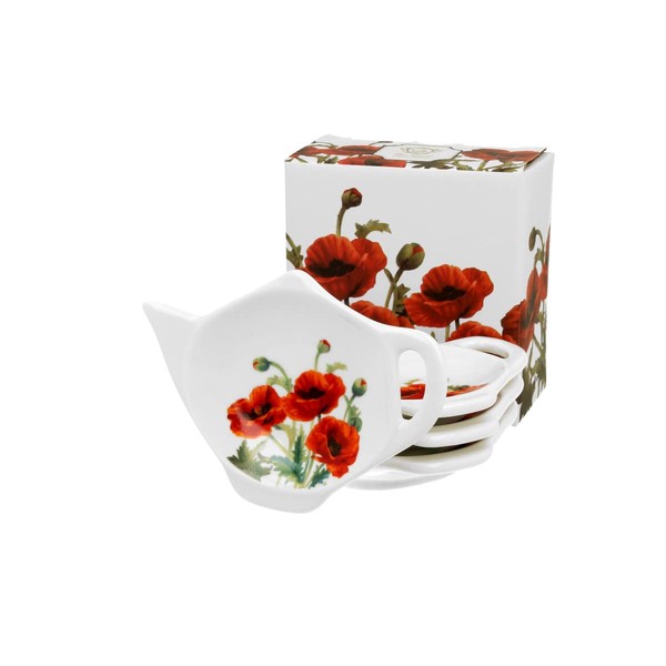 DUO FLORAL Set of 4 Tea Bag Holders Classic Poppies New Bone China Porcelain