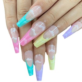 Outyua Cloud French Designer Press on Nails Rainbow Extra Long Fake Nails Coffin Ballerina Super Long False Nails Full Cover Acrylic Nails for Women and Girls 24Pcs (Cloud)