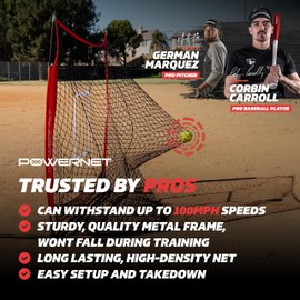 PowerNet Baseball Bundle, 5x5 FT Hitting and Pitching Net with Batting Tee, Softball & Baseball Training Equipment, Weighted Ball & Bag (Red Net & Tee)