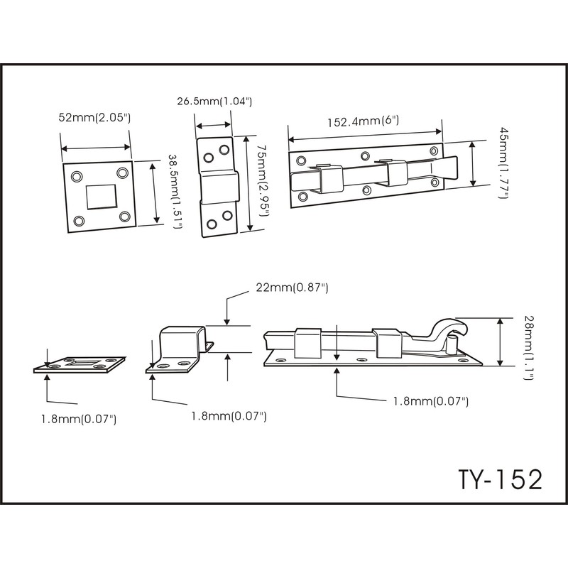 QCAA Heavy Duty Square Spring Door Bolt, 6", Black, 2