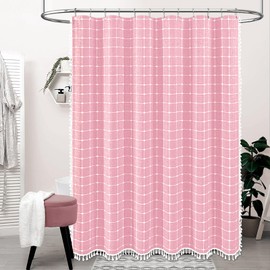 BTTN Extra Long Shower Curtain - 72x84 Inch Long Boho Chic Tassel Linen Fabric Shower Curtain Set with Hooks, Tall Modern Farmhouse Elegant Heavy Duty Thick Cloth Shower Curtains for Bathroom - Pink