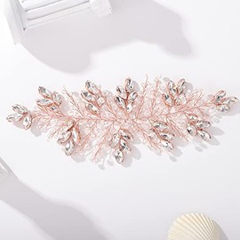 Teyglen Tocado de novia con cristales de imitación de oro rosa: gran enredadera para el cabello hecha a mano con cristales para novias y mujeres.
