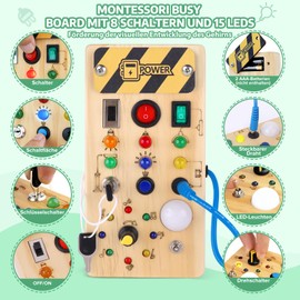 Montessori Busy Board Activity Board from 1 Year Wooden Toy with 15 LED Light Switch Toy Sensory Learning Toy for Babies and Toddlers from 1 2 3 Years