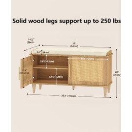 Akxomel Natural Rattan Shoe Storage Bench with Cushion, Entryway Shoe Cabinet Bench with 2 Doors, 14.2"D x 39.4"W x 20"H, Wooden Shoe Organizer, Adjustable Shelf, Solid Wood Legs, for Hallway, Bedroom