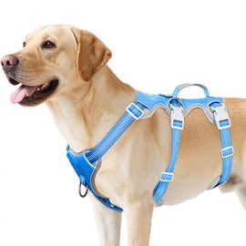 Huntboo Escape Proof Dog Harness, Escape Artist Harness, Reflective Harness with Padded Handle, Breathable, Durable, Adjustable Vest for Medium Dogs Walking, Training, and Running Gear (Blue, L)