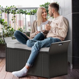 YITAHOME 90 Gallon Outdoor Wicker Storage Bench w/Cushion, Large PE Rattan Deck Storage Box w/Handles & Hydraulics for Patio Furniture, Cushions, Garden Tools, Pool & Sports Equipment, Black &Grey