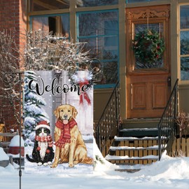 Louise Maelys Welcome Winter Garden Flag 12x18 Double Sided, Burlap Small Snow Golden Retriever Dog Tuxedo Cat Garden Yard House Flags for Winter Outside Outdoor Decoration (ONLY FLAG)
