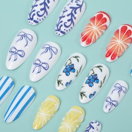 Almond 3D Press on Nails Medium Length Fake Nails French Tip Glue on Nails Summer False Nails with Lemon Blueberries Designs Cute Glossy Acrylic Nails for Women 24PCS Stick on Nails