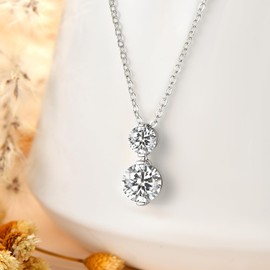 AINUOSHI Moissanite Necklace for Women, Sterling Silver 2 Stone Lab-Created Pendant Necklace Gift for Mom/Wife Round Cut 1.70cttw with GRA Certificate of Authenticity (Silver-2 Stones)