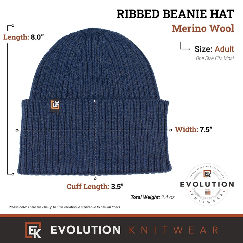 Evolution Knitwear Wool Rib Knit Beanie Hat for Men or