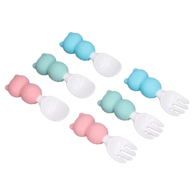 Baby Spoons Forks Set Short Handle Silicone Self Feeding Utensils