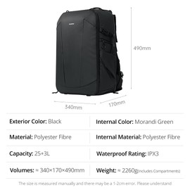 AMBITFUL Large Camera Backpack Bag for DSLR/SLR Mirrorless Camera Ergonomic suspended Professional outdoor photography backpack Waterproof with Tripod Holder&Laptop Compartment, Black 25L+3L, OM-28
