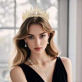Aimilcall Silver Tiaras Crown And Jewelry Sets for women,Tiaras Earrings and Necklace for Wedding, Birthday,Rhinestone Crystal Bridal Jewelry Sets for Costume Birthday Party Prom(A5) (Gold White)