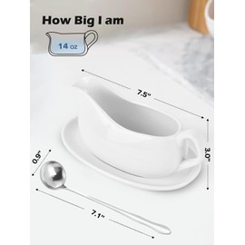 LoeJan Gravy Boat with Spoon, Ceramic Sauce Serving Dish, Easy-Pour Big Dripless Lip Spout Serveware Set For Salad Cream Milk Broth Black Pumpkin Thanksgiving (14 OZ & Tray(2 Pack))