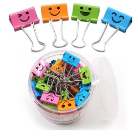 Aiyraa Pack of 40 Foldback Clips, 19 mm, Smiling Metal Clips, Paper Clips with Box, Paper Clips for Notes, Organising and Classification, Holds up to 75 Sheets
