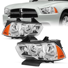 SOCKIR Halogen Type Headlight Assembly Set Compatible with 2011 2012 2013 2014 Dodge Charger Replacement Headlamp Passenger and Driver Side Chrome Housing with Amber Reflector