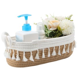 SOFPLATE 12.6 x 6.9 x 4 Inch Boho Decor Basket Cotton Rope Woven Basket Sandy Brown Bohemian Style Macrame Tassel Small Organizer Storage Bin for Home Bedroom Nursery Living Room Entryway DIY Decor