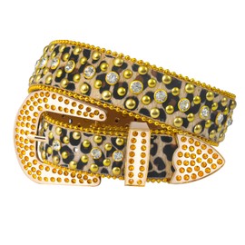 Vxrxal Rhinestone Belt Leopard Print Bling Belts For Women Luxury BB Y2K Cowgirl Belts for Jeans, Festival Gifts Belt (leopard gold, XL:fits waist size 43''-46'')