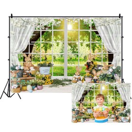 AOFOTO 7x5ft Spring Easter Window Scenery Backdrop Rabbit Easter Eggs Photo Backdrop White Wooden Flower House Sunshine Forest Trees Green Grass Natural Landscape Wonderland Photography Background