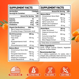 Omega-7 Sea Buckthorn Oil - with Omega-3 EPA/DHA Fish Oil, Cinnamomum, Fenugreek, ALA, Green Tea, Cayenne Pepper, Turmeric, Resveratrol, Black Pepper - Gluten-Free, 60 Softgels