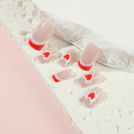 Valentine's Day Press on Nails Short Square Fake Nails Heart Nails Press ons White Red French Tip Nails Acrylic Full Cover Romantic Valentine’s Day False Nails with Glue Stick on Nails for Women 24PCS
