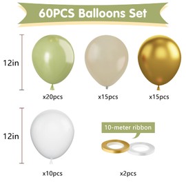 Sage Green Balloons, 12 Inch Retro Avocado Green and Metallic Gold Latex Balloons, White Sand Party Balloons with Ribbons for Jungle Theme Birthday Baby Shower Wedding Decoration