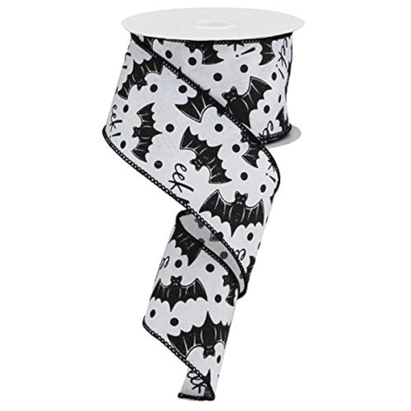 Wired Ribbon, White with Black Bats Halloween, 2.5 inches X