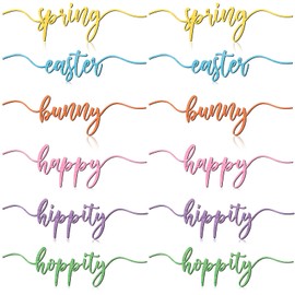 Blulu 12 Piece Easter Wood Cutout Spring Easter Bunny Sign Easter Table Decor Rustic Easter Wooden Word Plate Signs Place Cards for Home Plate Decor (Multi Color, Bright Style)
