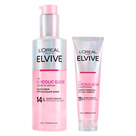 L'Oréal Paris Elvive Glycolic Gloss Hair Set Elseve with Glycolic Acid Leave-In Serum Porous and Dull Hair Long-lasting Smooth 150ml + Conditioner Fills and Seals Hair Fibres 150ml - 2 Bottles