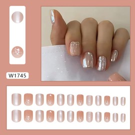 Short Press on Nails Chrome Square Bow False Nails Silver Fake Nails with Cute Designs Glossy Extra Short Artificial Nails Tips Ombre Acrylic Glue on Nails Short Pink Stick on Nails for Women Girls
