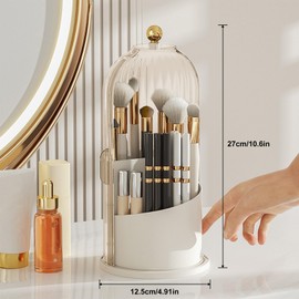 Makeup Organiser Brush Holder 360° Rotatable Cosmetic Organiser Holder with Transparent Lid with Makeup Brush Bag for Dresser, Bedroom, Bathroom, Office, White