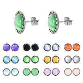 JMLOON 12 Pairs Colored Cat's Eye Gemstone Stud Earrings, 18K Gold Plated Surgical Stainless Steel Multicolor Gem Stone Stud Earrings Set for Women (Silver 8mm)