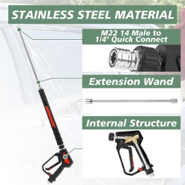 RIDGE WASHER Pressure Washer Gun 5000 PSI, 12 GPM, Power Washer Gun with Stainless Steel Extension Wand, Detachable M22 14 Male to 1/4" Quick Connect, 360° Swivel 3/8'' NPT Thread, M22 Fitting