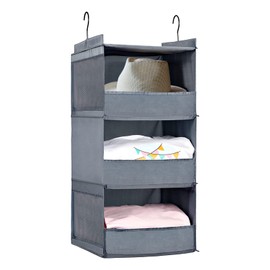DZOMK 3-Shelf Hanging Closet Organizer, Collapsible Hanging Closet Shelves with 4 Side Pockets for Storage, Hanging Organizer for Closet & RV, 28" H X 12" W X 12" D(Gray)