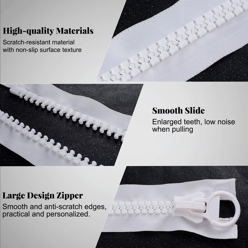 CRAFFANCY White Large Plastic Zipper, Teeth Heavy Duty Zipper for