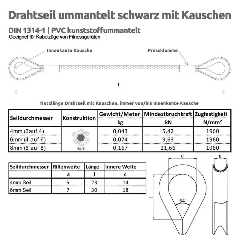 Wire Rope, Black Coating with Cable Eyes