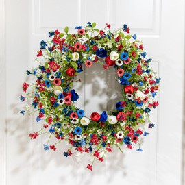 Yawwind 22 Inches Patriotic Wreaths for Front Door 4th of July Wreath Independence Day Wreath with Red White and Blue Tulip Flowers for Window Wall Front Porch Memorial Flag Decor