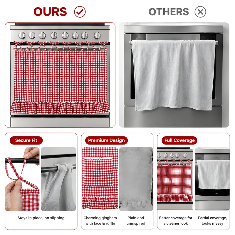 Oven Skirt Curtain, 30”x22”, Red White Check Oven Curtain for