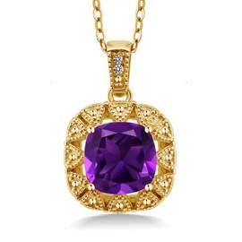 Gem Stone King 18K Yellow Gold Plated Silver Gemstone Birthstone and White Diamond Necklace | 8MM Cushion Cut Pendant Necklace For Women | With 18 Inch Chain