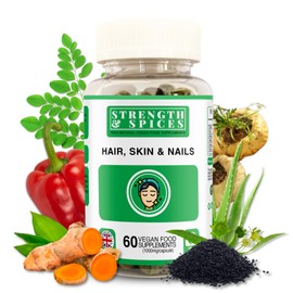 Strength & Spices Hair, Skin & Nails 100% Natural Supplement – 20 Ingredients w Biotin Selenium & Zinc - 60 Vegan UK Made 1000mg Capsules
