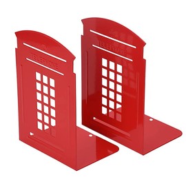 MerryNine 2 Pack Book Ends, Metal Bookends for Shelves, Telephone Booth Decorative Book end, Non Skid Heavy Bookends, Book, Magazine or CD Organizers for Home and Office Red