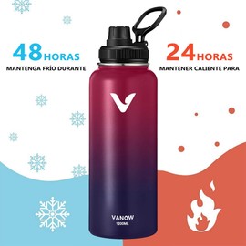 Termo de Acero Inoxidable, Termo de Agua con 2 Tapas, para Agua Fría (24 horas) o Caliente (12 horas), Doble Pared y Tapa Hermética Antigoteo, con Asa para Transportar (1180ml/40Oz, Rojo-Azul)