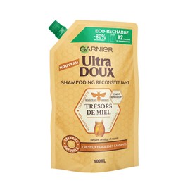 Garnier Ultra Soft Honey Treasures Eco Refill Regenerating Shampoo with Acacia Blossom Honey/Beeswax for Brittle/Brittle Hair